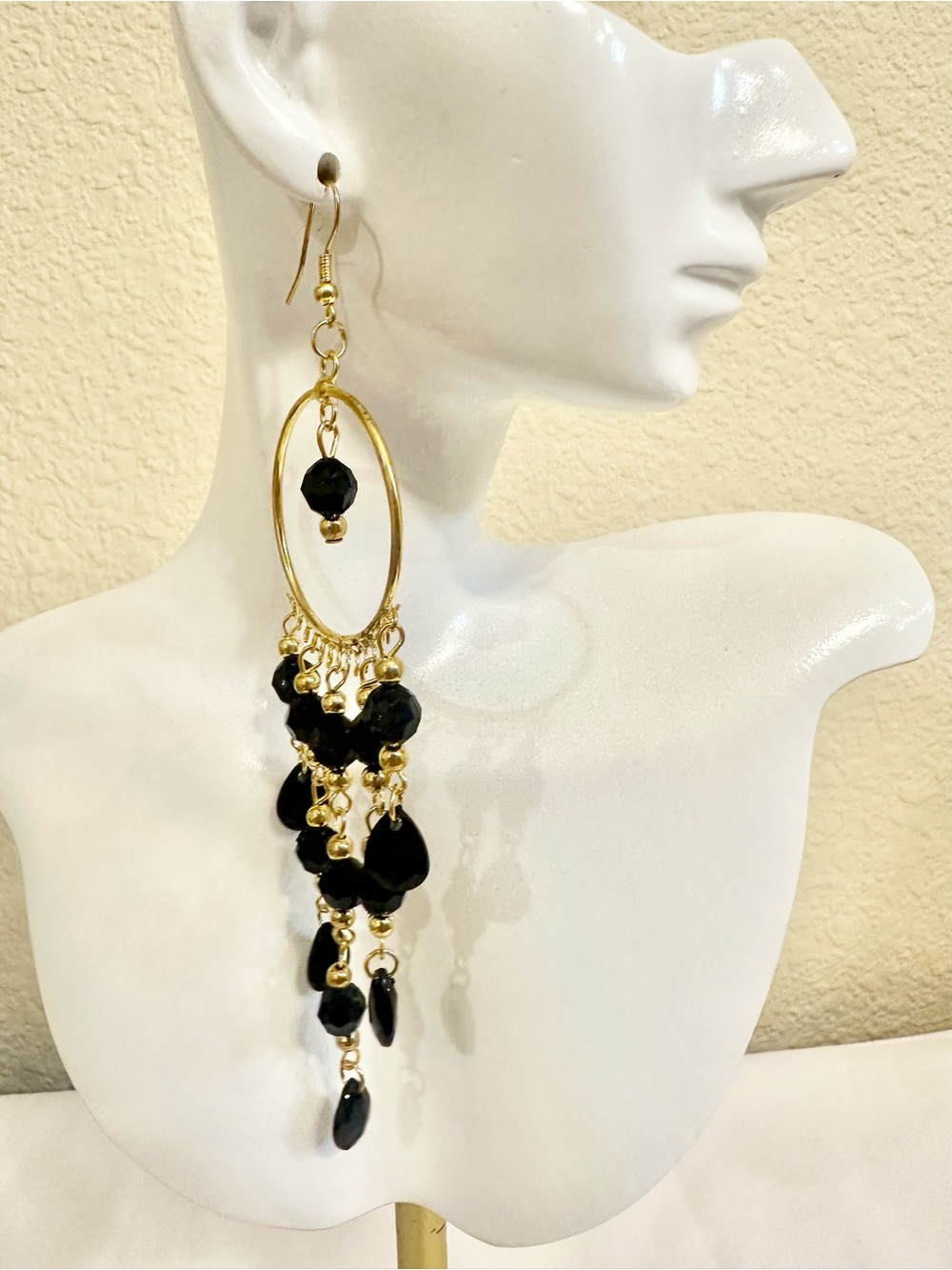 Fashion Jewelry Gold-Tone Hoop Dangle Earrings with Black Beads